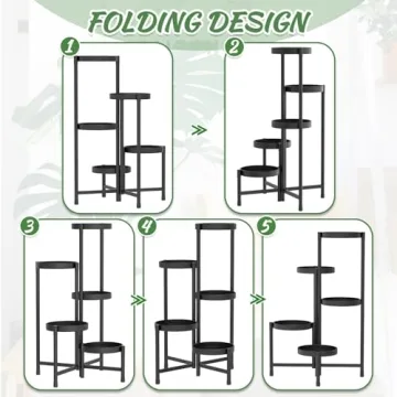 5 Tier Metal Plant Stand Indoor Outdoor Modern Black Folding Shelf