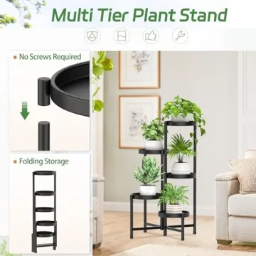 5 Tier Metal Plant Stand Indoor Outdoor Modern Black Folding Shelf