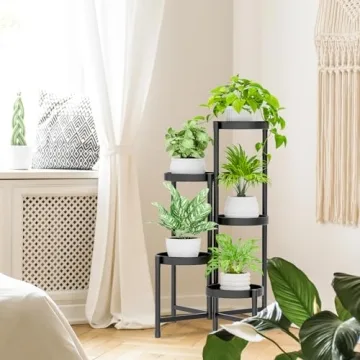 5 Tier Metal Plant Stand Indoor Outdoor Modern Black Folding Shelf