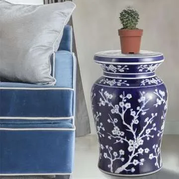 JONATHAN Y TBL1017A Cherry Blossom 17.7" Ceramic Indoor/Outdoor Garden Stool, Coastal, Contemporary, Transitional, Side Table, Plant Stand, Spill-Proof, Living Room, Garden Room, Patio, Navy/White