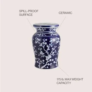 JONATHAN Y TBL1017A Cherry Blossom 17.7" Ceramic Indoor/Outdoor Garden Stool, Coastal, Contemporary, Transitional, Side Table, Plant Stand, Spill-Proof, Living Room, Garden Room, Patio, Navy/White