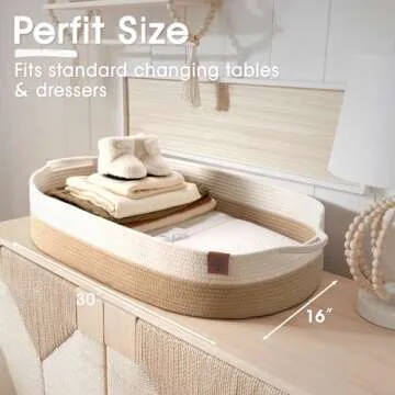 J&JOO Baby Changing Basket Includes Diaper Caddy - Portable, Breathable, Changing Table Topper, Changing Pad for Dresser, Cotton Rope Baby Basket, Baby Mat, Gift for Baby Shower