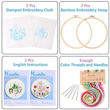KISSBUTY 2 Pack Embroidery Starter Kit with Pattern, Full Range of Stamped Embroidery Kit Including Embroidery Fabric with Pattern, Bamboo Embroidery Hoop, Color Threads, Tools Kit(Plant and Floral)