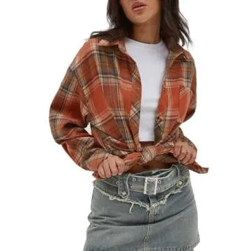 CHYRII Womens Button Down Flannel Shirts Long Sleeve Plaid Shacket Business Casual Blouse Topss Caramel-7123 M