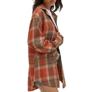 CHYRII Womens Button Down Flannel Shirts Long Sleeve Plaid Shacket Business Casual Blouse Topss Caramel-7123 M
