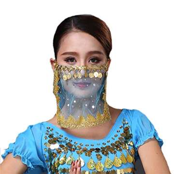Lauthen.S Women Belly Dance Tribal Face Veil with Coins Halloween Costume Accessory Blue