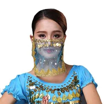 Lauthen.S Women Belly Dance Tribal Face Veil with Coins Halloween Costume Accessory Blue