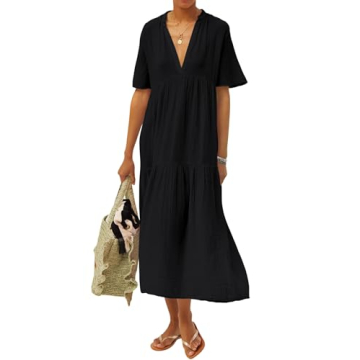 R.Vivimos Womens Summer Cotton Flowy Maxi Dress Short Sleeve V Neck Empire Waist Boho Tiered Ruffle ...