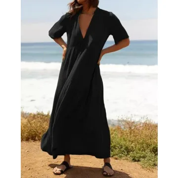 R.Vivimos Womens Summer Cotton Flowy Maxi Dress Short Sleeve V Neck Empire Waist Boho Tiered Ruffle Casual Loose Long Dresses (Large, Black)