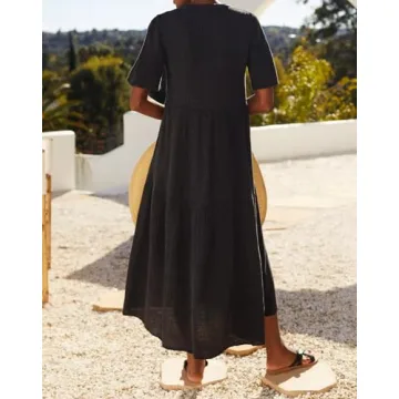R.Vivimos Womens Summer Cotton Flowy Maxi Dress Short Sleeve V Neck Empire Waist Boho Tiered Ruffle Casual Loose Long Dresses (Large, Black)