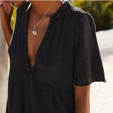 R.Vivimos Womens Summer Cotton Flowy Maxi Dress Short Sleeve V Neck Empire Waist Boho Tiered Ruffle Casual Loose Long Dresses (Large, Black)