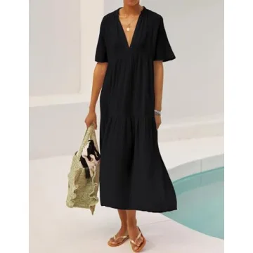 R.Vivimos Womens Summer Cotton Flowy Maxi Dress Short Sleeve V Neck Empire Waist Boho Tiered Ruffle Casual Loose Long Dresses (Large, Black)