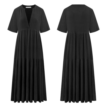 R.Vivimos Womens Summer Cotton Flowy Maxi Dress Short Sleeve V Neck Empire Waist Boho Tiered Ruffle Casual Loose Long Dresses (Large, Black)