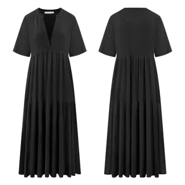R.Vivimos Womens Summer Cotton Flowy Maxi Dress Short Sleeve V Neck Empire Waist Boho Tiered Ruffle Casual Loose Long Dresses (Large, Black)