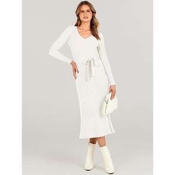 ANRABESS Women Long Sleeve V Neck A-line Tie Waist Slim Fit Ribbed Knit Bodycon Midi Sweater Dress 2024 Fall Trendy Outfits White X-Large