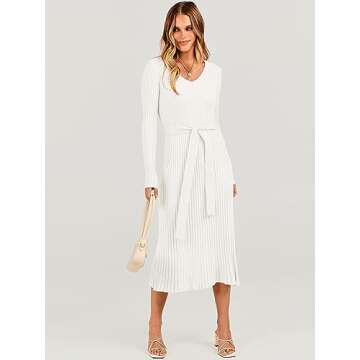 ANRABESS Women Long Sleeve V Neck A-line Tie Waist Slim Fit Ribbed Knit Bodycon Midi Sweater Dress 2024 Fall Trendy Outfits White X-Large