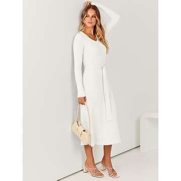 ANRABESS Women Long Sleeve V Neck A-line Tie Waist Slim Fit Ribbed Knit Bodycon Midi Sweater Dress 2024 Fall Trendy Outfits White X-Large