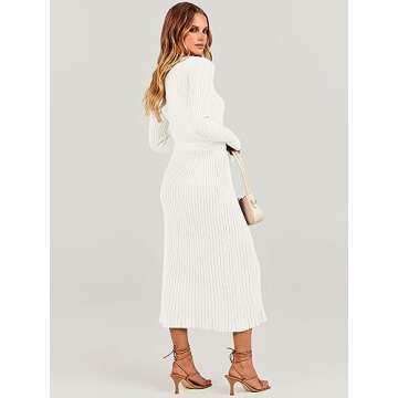 ANRABESS Women Long Sleeve V Neck A-line Tie Waist Slim Fit Ribbed Knit Bodycon Midi Sweater Dress 2024 Fall Trendy Outfits White X-Large