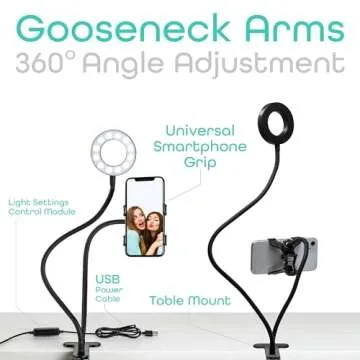 Aduro U-Stream Selfie Ring Light with 24” Gooseneck Stand & Cell Phone Holder, Social Media Influencer Live-Streaming Phone Mount and Light Kit (Black)