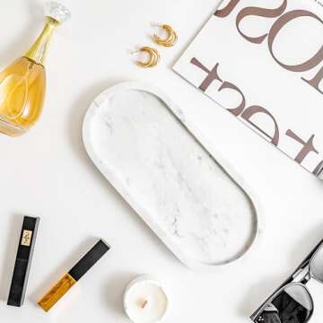 WORHE Natural Marble Vanity Tray Italy Oval Stone Trays for Candles Perfume, Decorative Jewelry Dish...