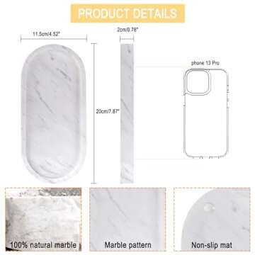 WORHE Natural Marble Vanity Tray Italy Oval Stone Trays for Candles Perfume, Decorative Jewelry Dish for Small Items, Countertop Storage Organizer for Home Bathroom Kitchen Matte Surface White (BH101)