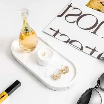 WORHE Natural Marble Vanity Tray Italy Oval Stone Trays for Candles Perfume, Decorative Jewelry Dish for Small Items, Countertop Storage Organizer for Home Bathroom Kitchen Matte Surface White (BH101)