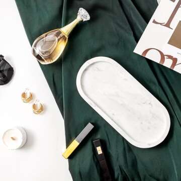 WORHE Natural Marble Vanity Tray Italy Oval Stone Trays for Candles Perfume, Decorative Jewelry Dish for Small Items, Countertop Storage Organizer for Home Bathroom Kitchen Matte Surface White (BH101)