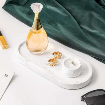 WORHE Natural Marble Vanity Tray Italy Oval Stone Trays for Candles Perfume, Decorative Jewelry Dish for Small Items, Countertop Storage Organizer for Home Bathroom Kitchen Matte Surface White (BH101)