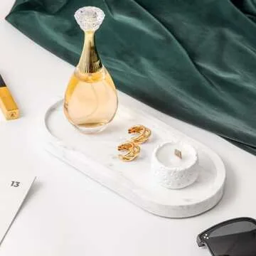 WORHE Natural Marble Vanity Tray Italy Oval Stone Trays for Candles Perfume, Decorative Jewelry Dish for Small Items, Countertop Storage Organizer for Home Bathroom Kitchen Matte Surface White (BH101)