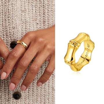 MYEARS Women Ring Gold Bamboo Chunky Band 14K Gold Vacuum Filled Simple Stack Finger Jewelry Gift Size 8