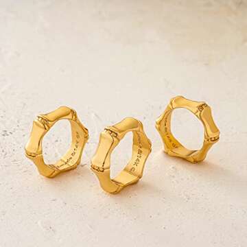 MYEARS Women Ring Gold Bamboo Chunky Band 14K Gold Vacuum Filled Simple Stack Finger Jewelry Gift Size 8