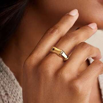 MYEARS Women Ring Gold Bamboo Chunky Band 14K Gold Vacuum Filled Simple Stack Finger Jewelry Gift Size 8