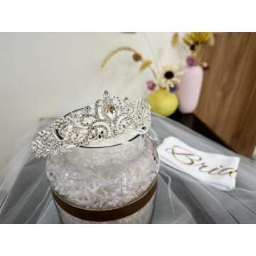 JETKONG 3 Pcs Bachelorette Party Decorations Bridal Shower Crown, Bride to Be Sash&Veil for Women Ba...