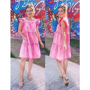 luvamia Ruffle Sleeve Babydoll Dress for Women with Pockets Jean Dresses for Women Denim Women's Casual Dresses Going Out Dress Womens Dresses Summer Aurora Pink Size Medium Fits Size 8 / Size 10