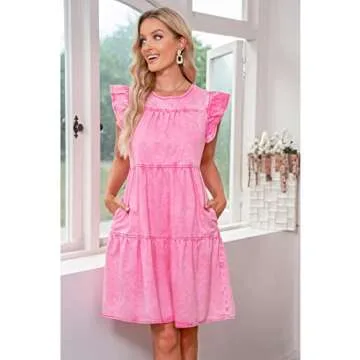 luvamia Ruffle Sleeve Babydoll Dress for Women with Pockets Jean Dresses for Women Denim Women's Casual Dresses Going Out Dress Womens Dresses Summer Aurora Pink Size Medium Fits Size 8 / Size 10