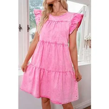 luvamia Ruffle Sleeve Babydoll Dress for Women with Pockets Jean Dresses for Women Denim Women's Casual Dresses Going Out Dress Womens Dresses Summer Aurora Pink Size Medium Fits Size 8 / Size 10