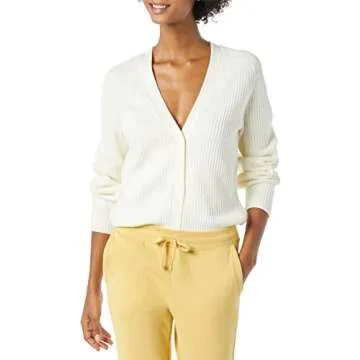Amazon Essentials Women's Soft Touch Ribbed Blouson Cardigan - Discontinued Colors, Ivory, X-Small