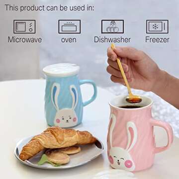 YUWU Cute Bunny Design Ceramic Mugs with Lid and Stainless Steel Spoon for Kids Pink