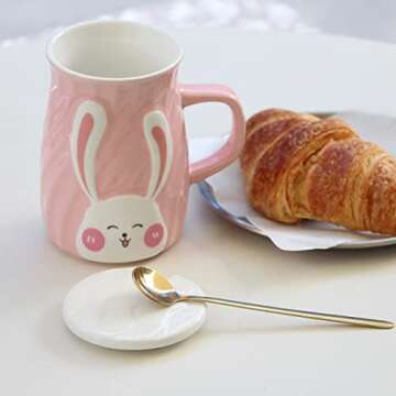 YUWU Cute Bunny Design Ceramic Mugs with Lid and Stainless Steel Spoon for Kids Pink