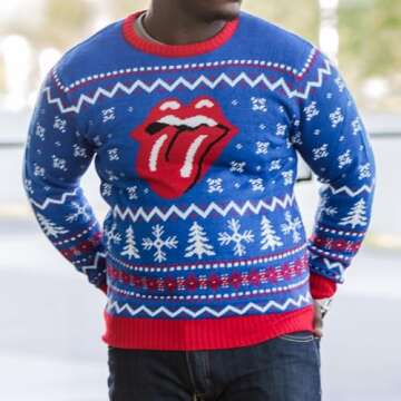 Rolling Stones Classic Tongue Royal Blue Ugly Christmas Sweater (Adult Large)
