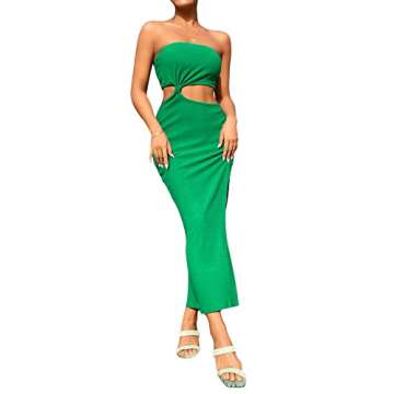 SweatyRocks Women's Strapless Bandeau Tube Split Cut Out Dress Sleeveless Maxi Dresses Dark Green S