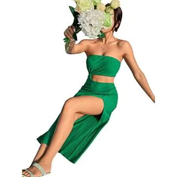SweatyRocks Women's Strapless Bandeau Tube Split Cut Out Dress Sleeveless Maxi Dresses Dark Green S