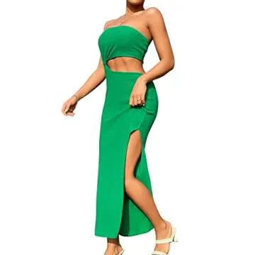 SweatyRocks Women's Strapless Bandeau Tube Split Cut Out Dress Sleeveless Maxi Dresses Dark Green S
