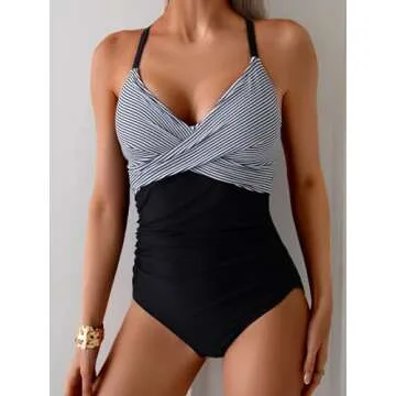 B2prity Women's One Piece Swimsuits Tummy Control Front Cross Bathing Suits Tie Back Slimming V Neck...