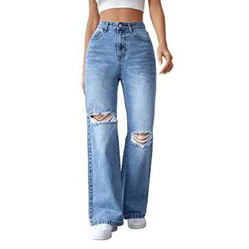 SweatyRocks Women's High Waisted Ripped Jeans Distressed Boyfriend Denim Pants Light Blue S