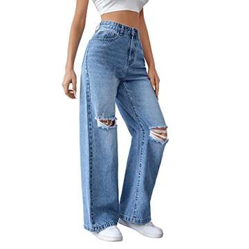 SweatyRocks Women's High Waisted Ripped Jeans Distressed Boyfriend Denim Pants Light Blue S