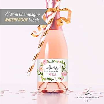Set of 12 Blush Pink Floral Bridal Shower Mini Champagne Bottle Labels, WATERPROOF Polyester Mini Wine Bottle Labels, Cheers to the Future Mrs, Bachelorette Party