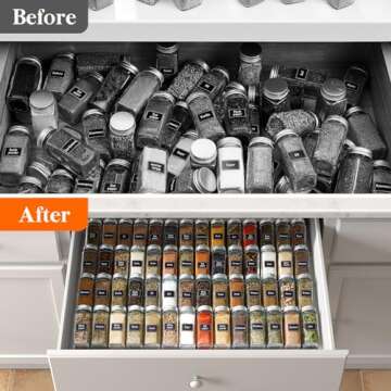 Lifewit Plastic Adjustable Spice Drawer Organizer, Expandable Spice Rack for Countertop, Jar Storage Tray for Condiment, Seasoning, Syrup,Liquor, Medicine for Kitchen, Pantry, Set of 4, Clear