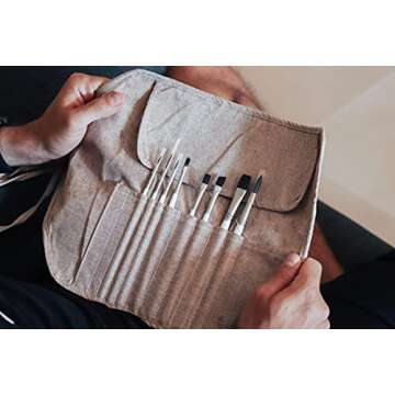 Etchr Gouache Brush Set - Set of 8 Gouache - Vegan-Friendly Paint Brush Set - Travel Brushes with Linen Roll-Up Pouch