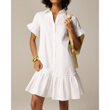 YEXPINE Women's Ruffle Mini Shirt Dress Short Sleeve Button Up Shift Dress Cotton Drop Waist Shirt Dress White